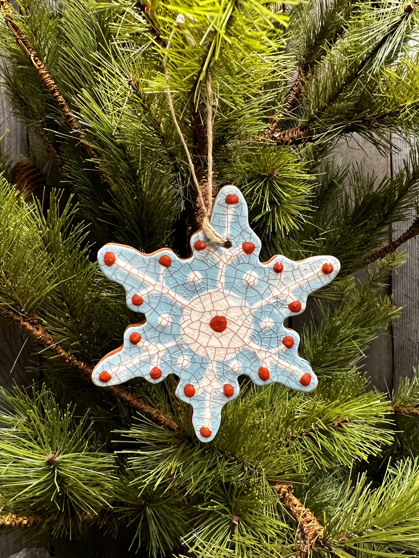 Ornament, Redware, Snowflake, BLUE/WHITE/CLAY