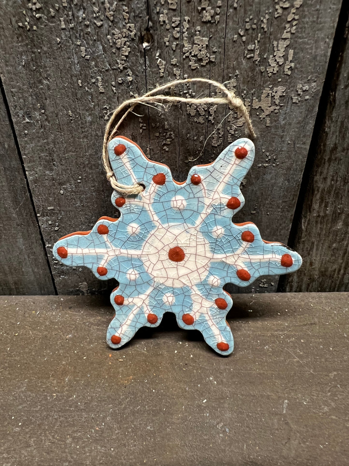 Ornament, Redware, Snowflake, BLUE/WHITE/CLAY