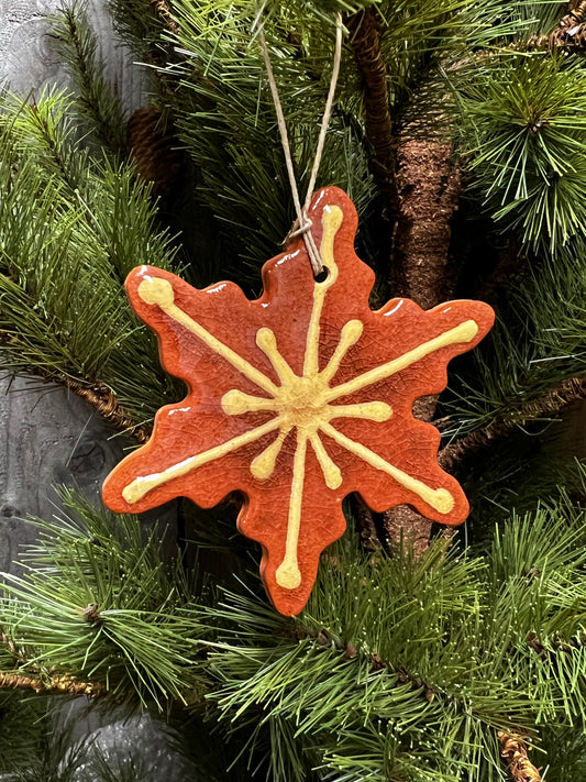 Ornament, Redware, Snowflake, CLAY/MUSTARD