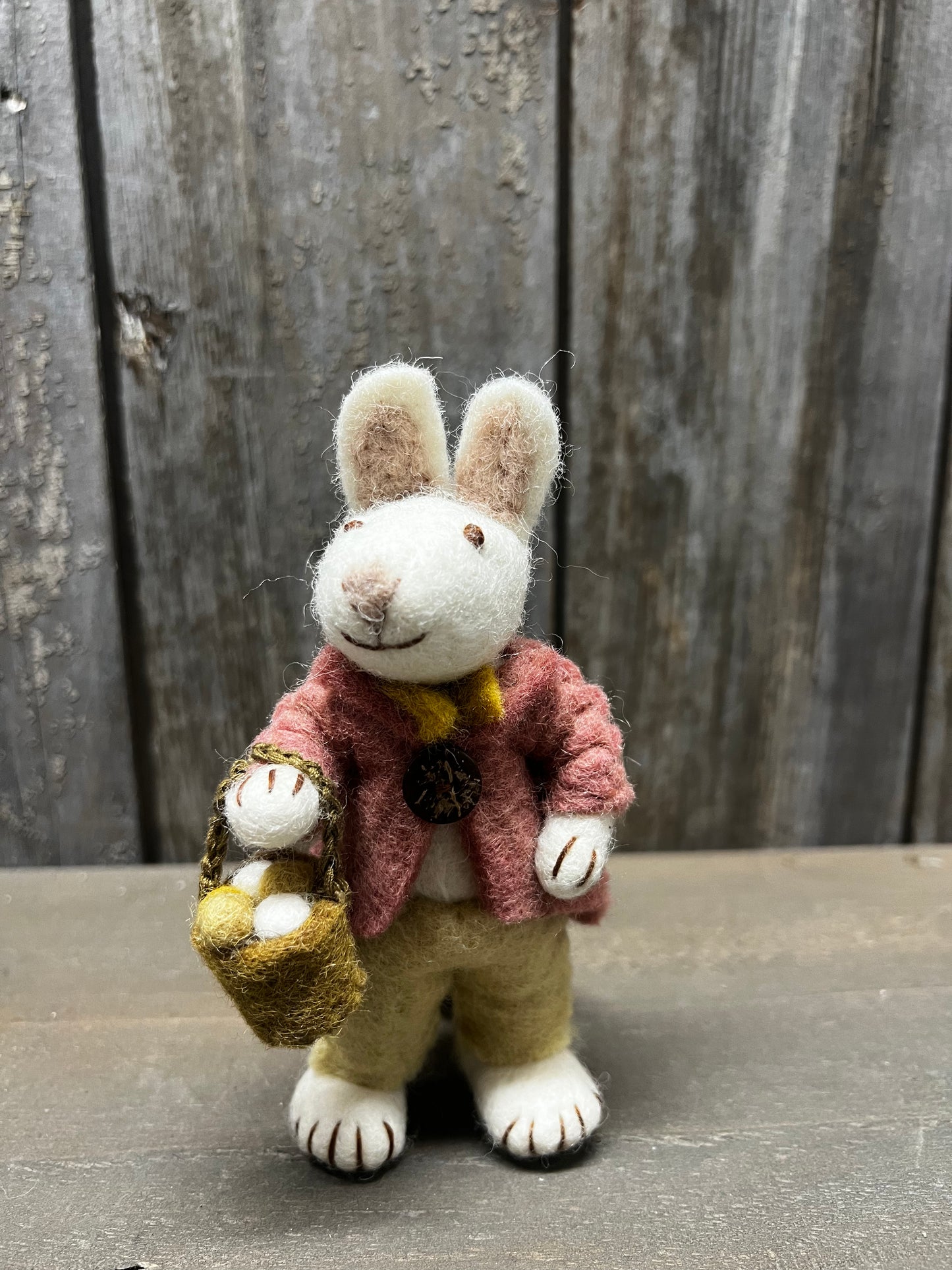 Bunny, Small Felted, WHITE W/ PANTS & BASKET OF EGGS