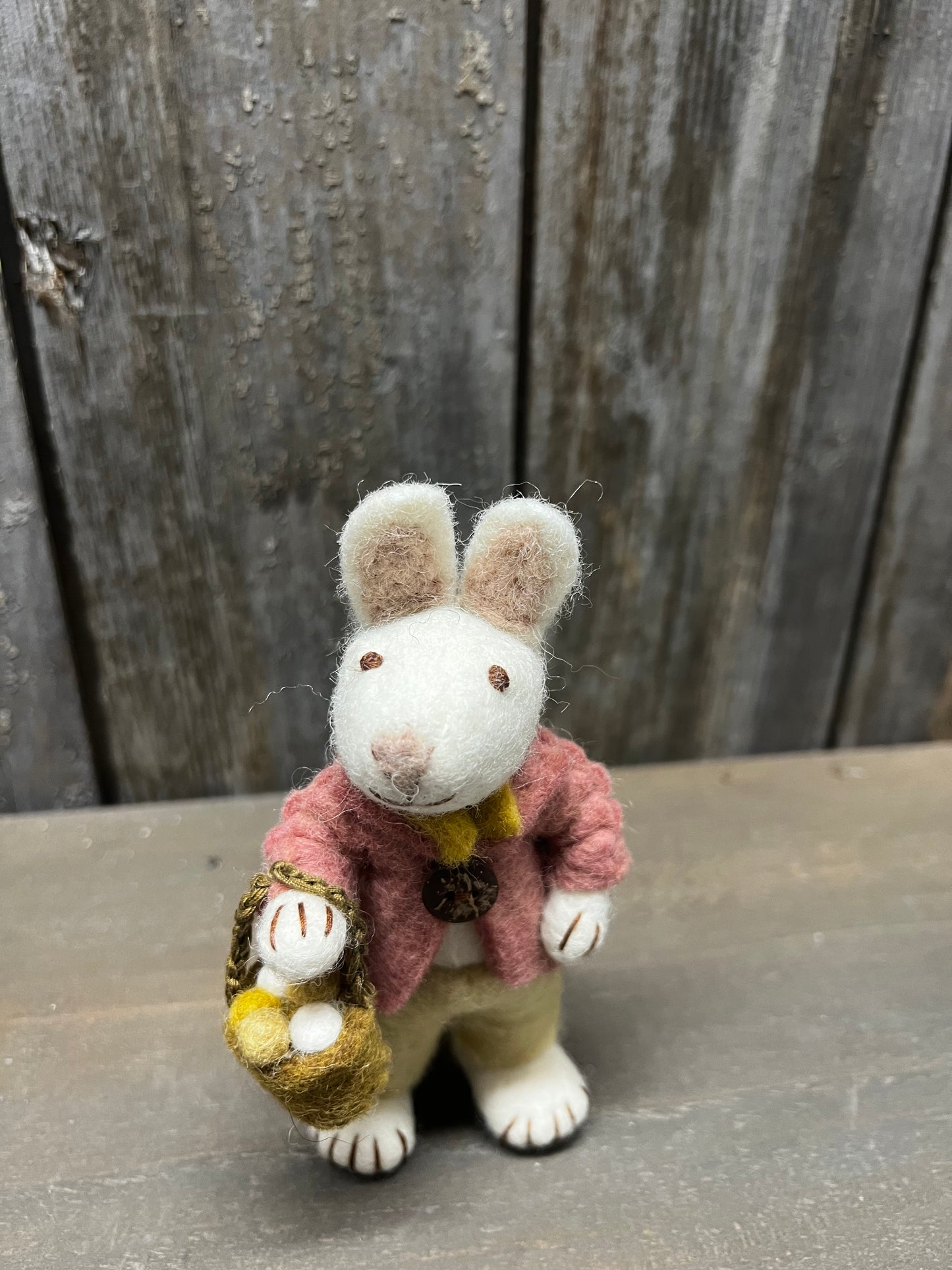 Bunny, Small Felted, WHITE W/ PANTS & BASKET OF EGGS