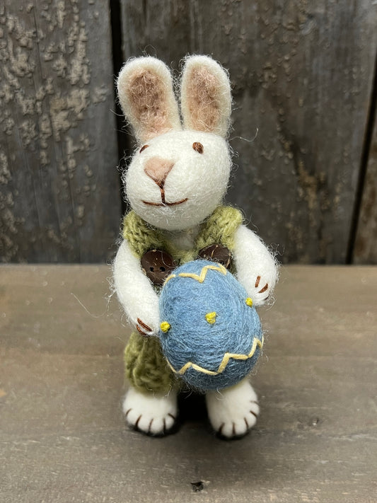 Bunny, Small Felted, WHITE W/ PANTS & BLUE EGG