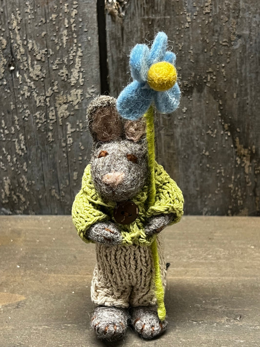Bunny, Small Felted, GREY W/ PANTS & BLUE FLOWER