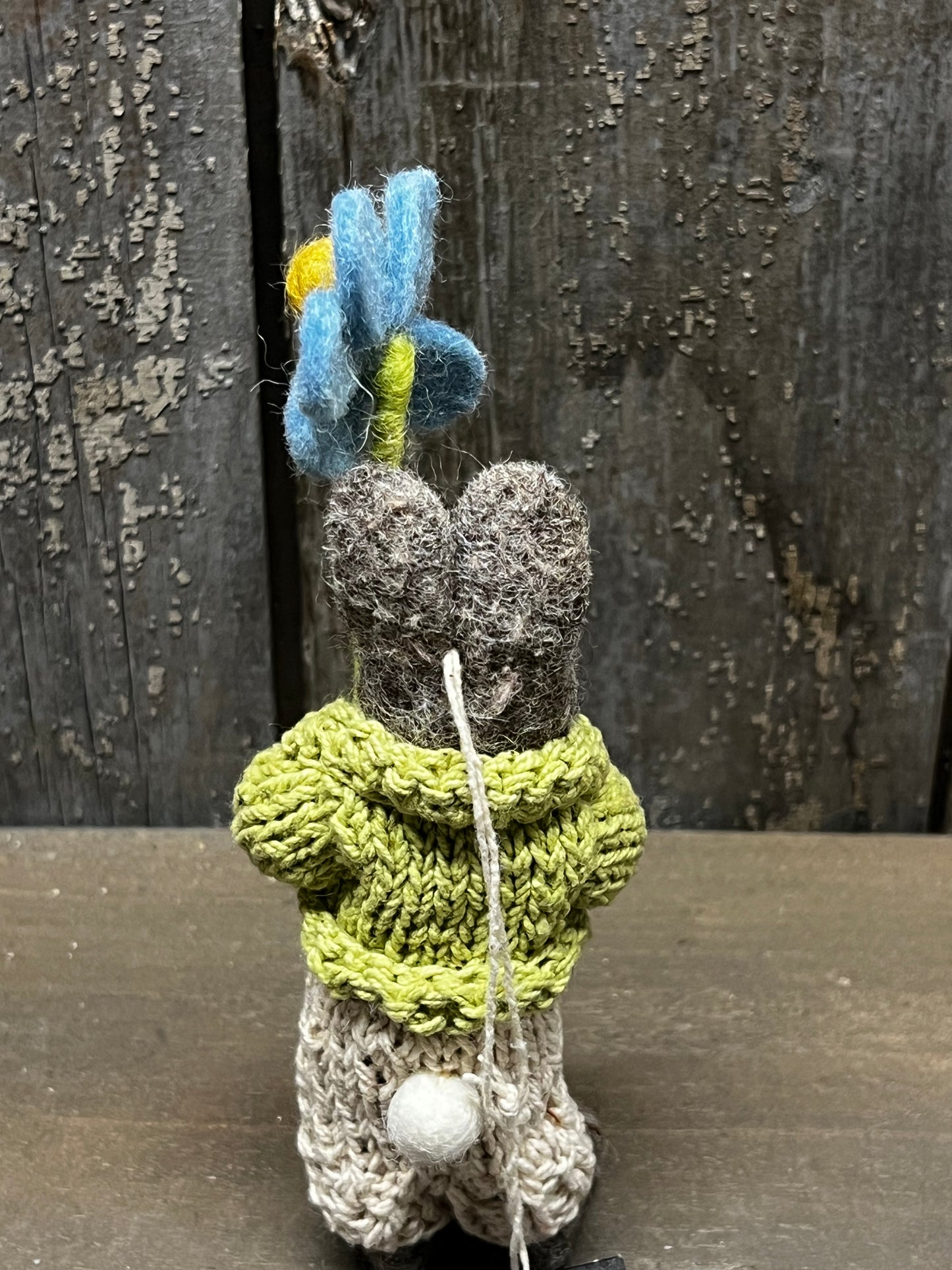 Bunny, Small Felted, GREY W/ PANTS & BLUE FLOWER