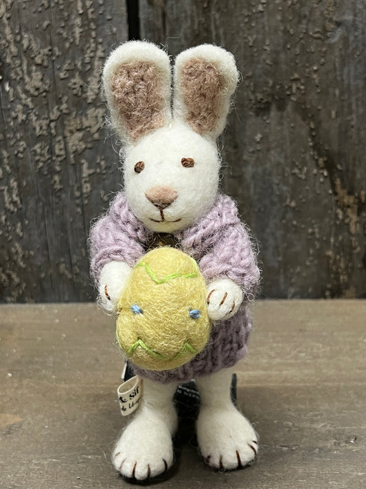 Bunny, Small Felted, WHITE W/ PURPLE DRESS & EGG