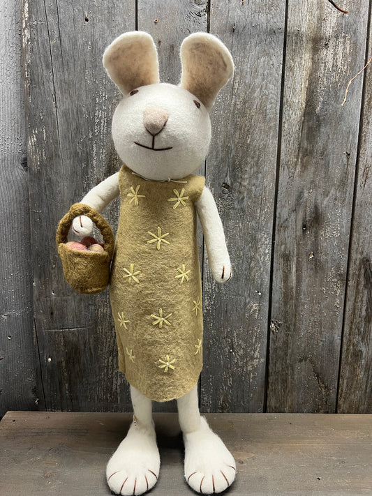 Bunny, XL Felted, WHITE W/YELLOW DRESS & BASKET OF EGG