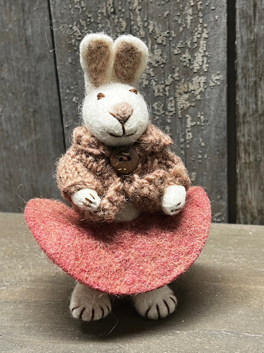 Bunny, Small Felted, WHITE W/ ROSE SKIRT & JACKET