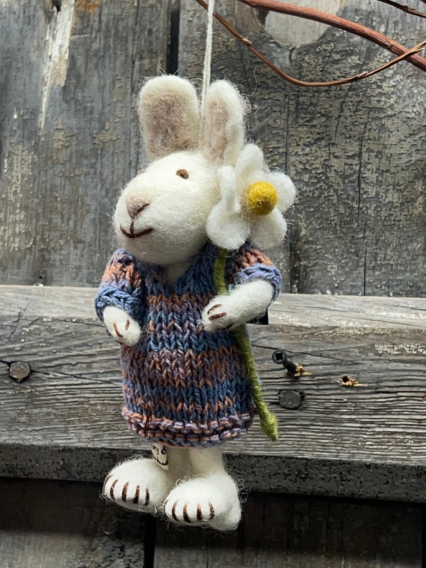 Bunny, Small Felted, WHITE W/ COLORED DRESS & WHITE DAISY
