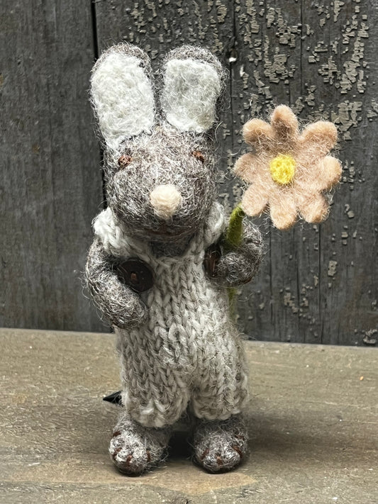 Bunny, Small Felted, GREY W/ CREAM PANTS & PINK FLOWER