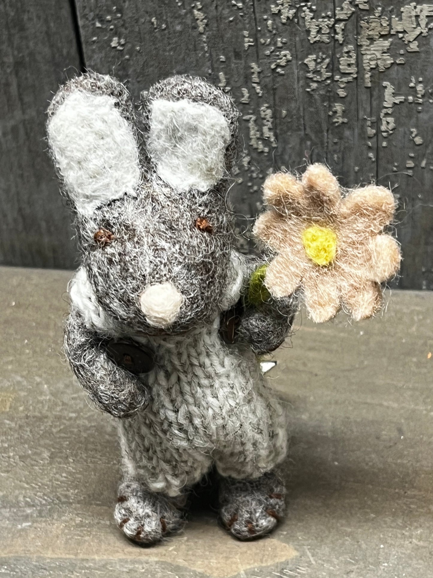 Bunny, Small Felted, GREY W/ CREAM PANTS & PINK FLOWER