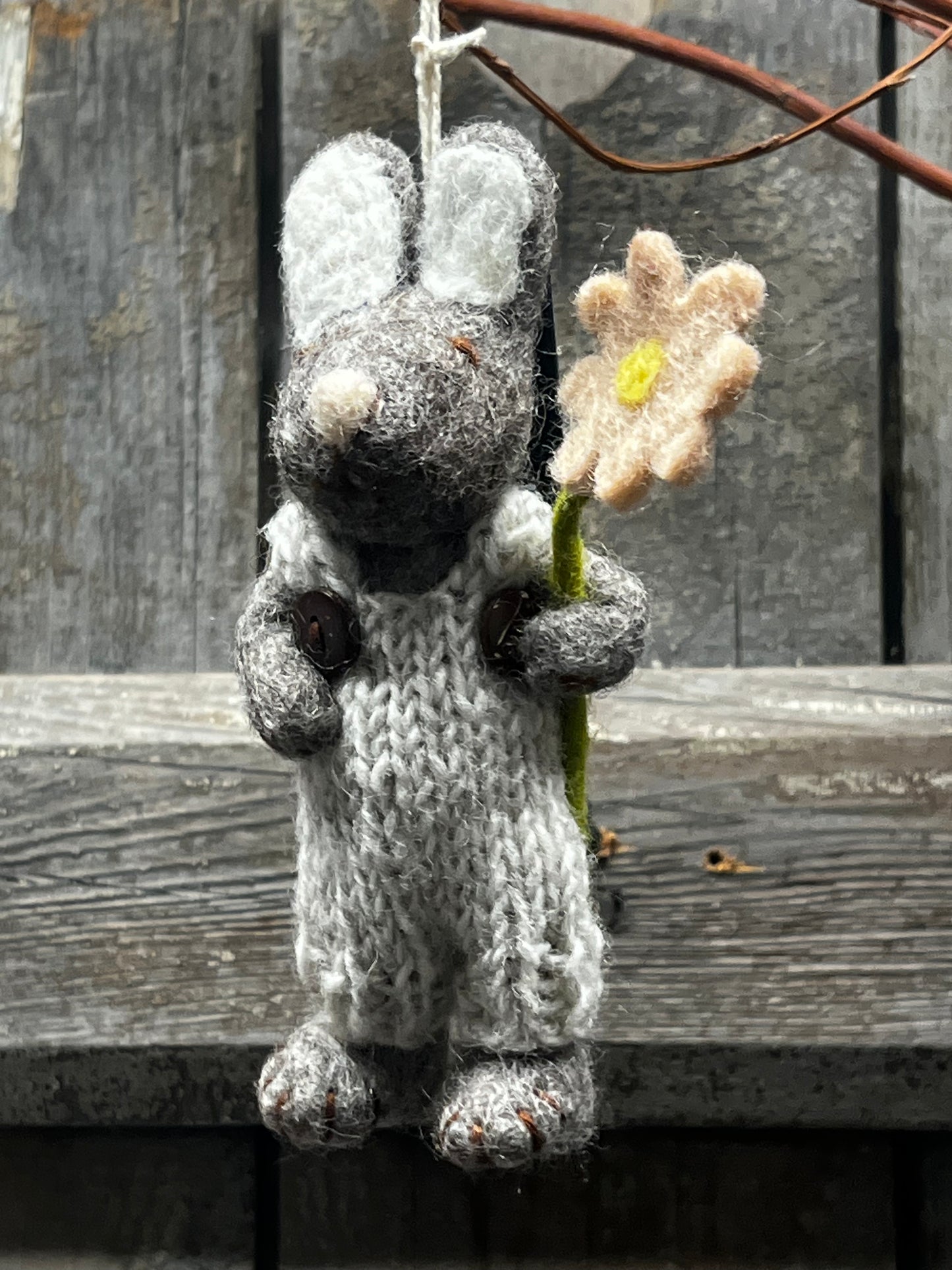 Bunny, Small Felted, GREY W/ CREAM PANTS & PINK FLOWER