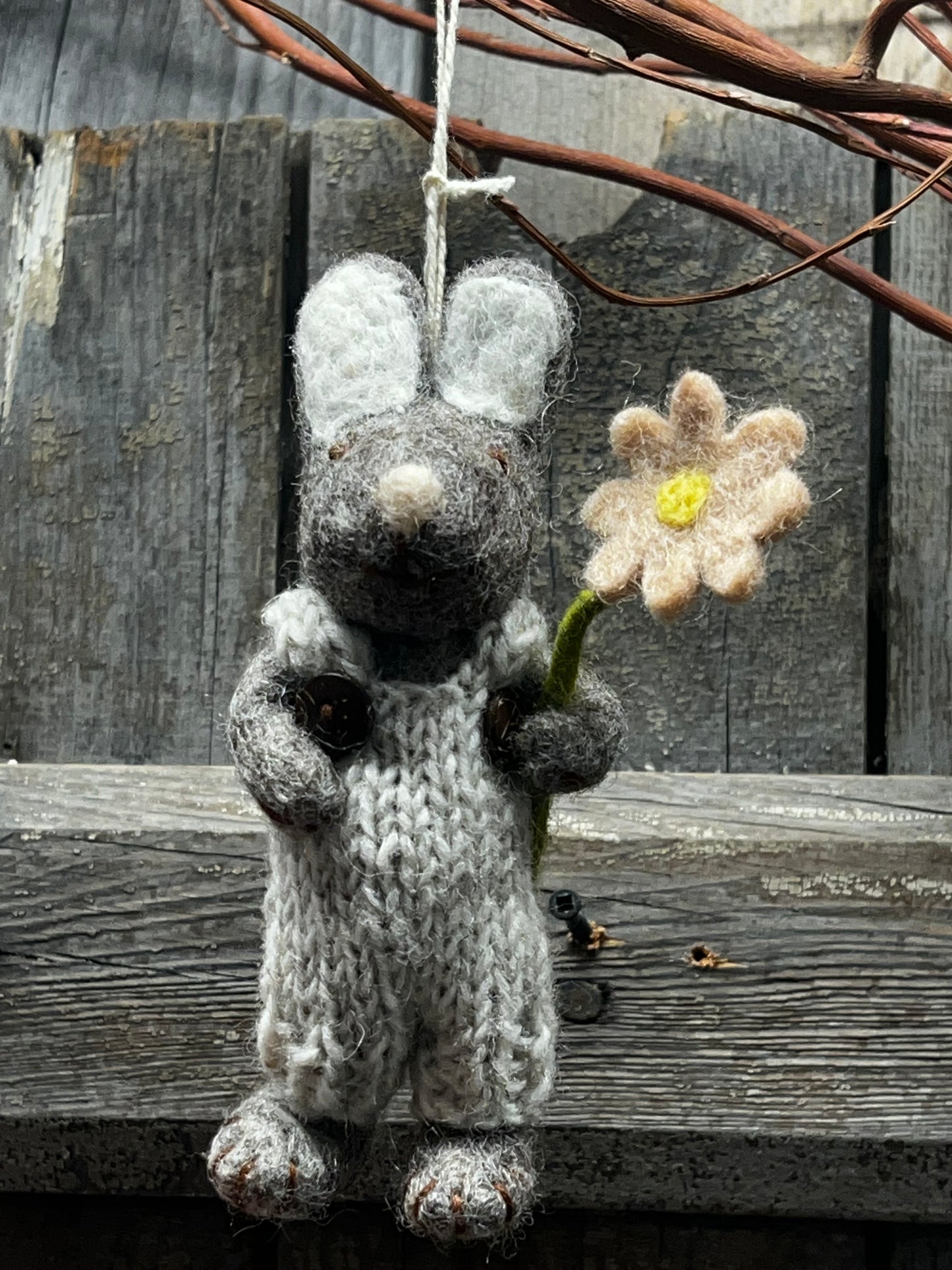 Bunny, Small Felted, GREY W/ CREAM PANTS & PINK FLOWER