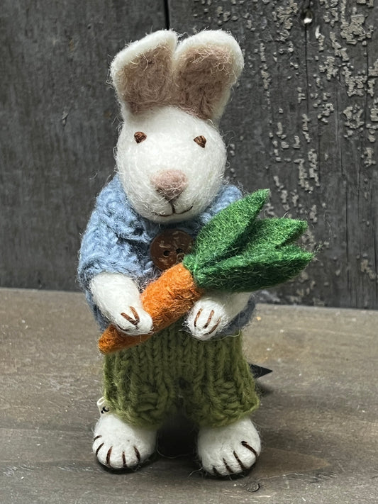 Bunny, Small Felted, WHITE W/ SAGE PANTS & CARROT