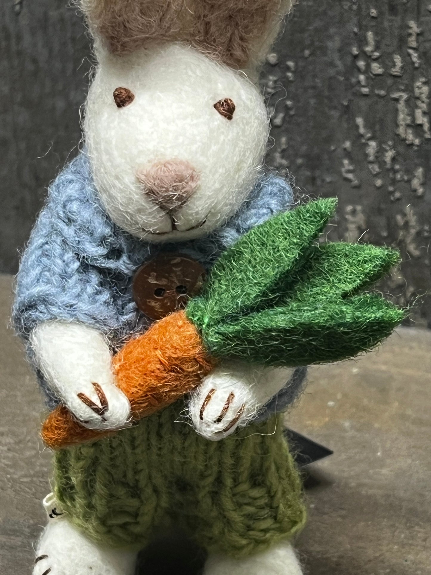 Bunny, Small Felted, WHITE W/ SAGE PANTS & CARROT