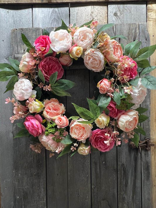 Wreath, 22", MIXED CABBAGE ROSE