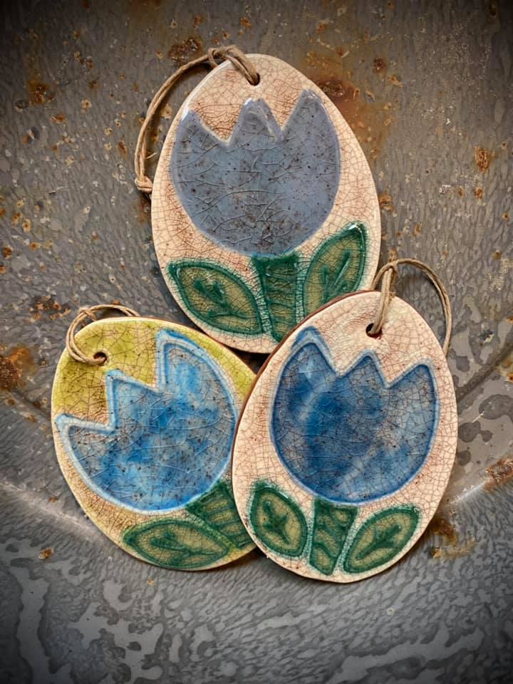 Egg with Tulip Ornament, Blue, Redware