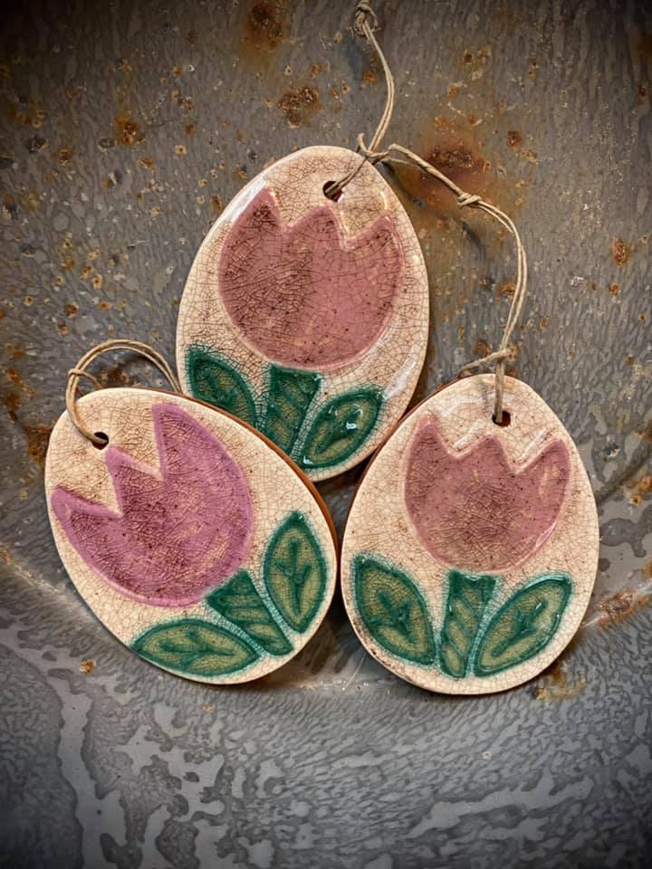 Egg with Tulip Ornament, Pink, Redware