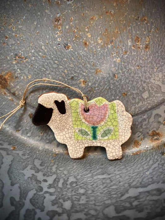 Sheep with Tulip Ornament, Pink, Redware