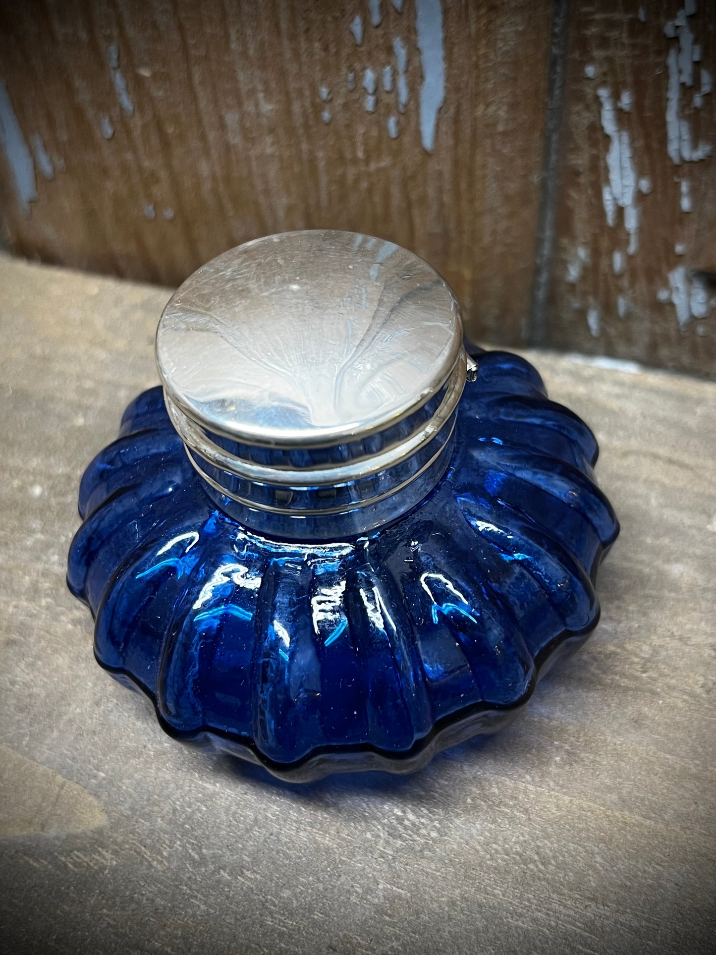 Inkwell, 3", Swirl Glass, COBALT BLUE