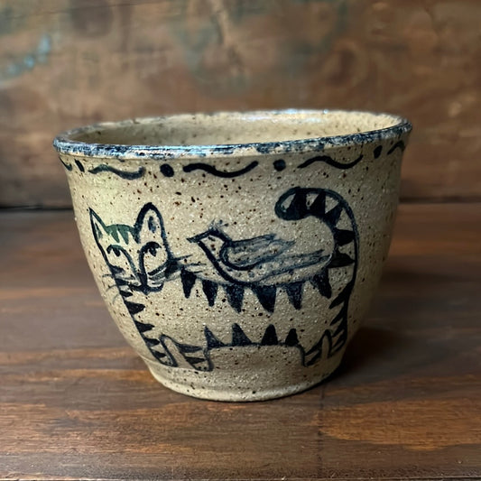 Votive Cup, Folk Art Cat & Bird