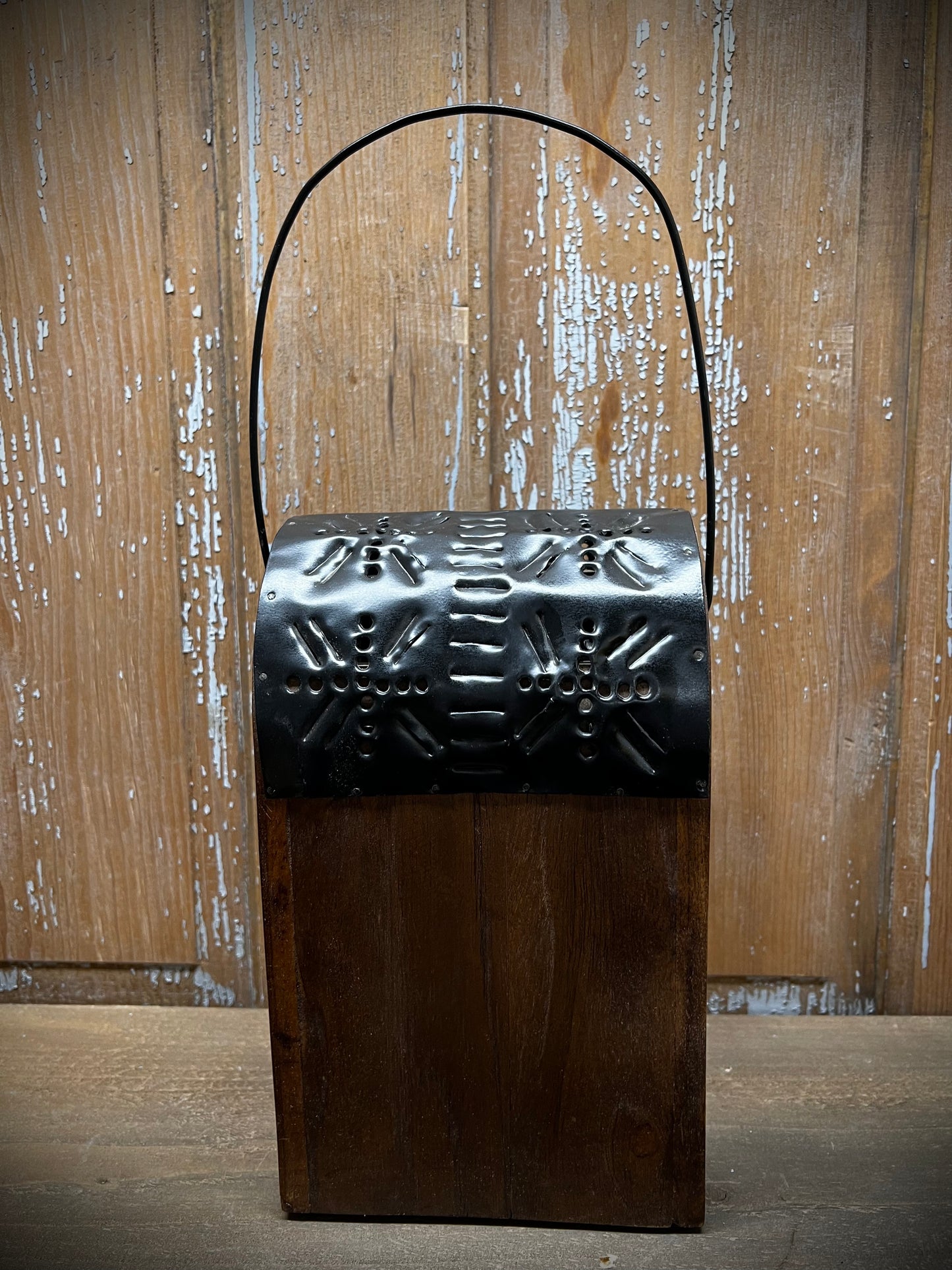 Lantern, 10”, WOOD W/ PUNCHED TIN TOP