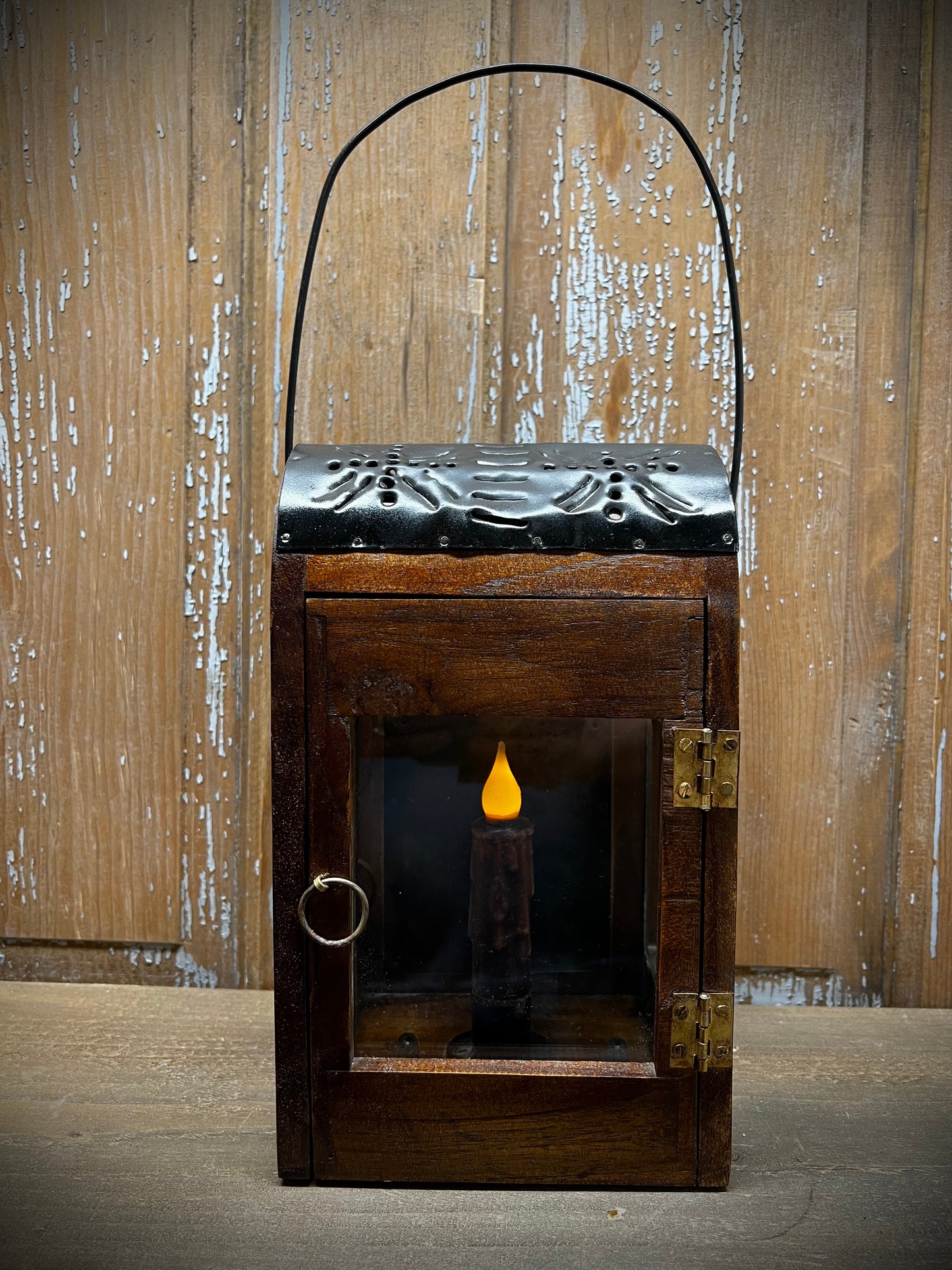 Lantern, 10”, WOOD W/ PUNCHED TIN TOP